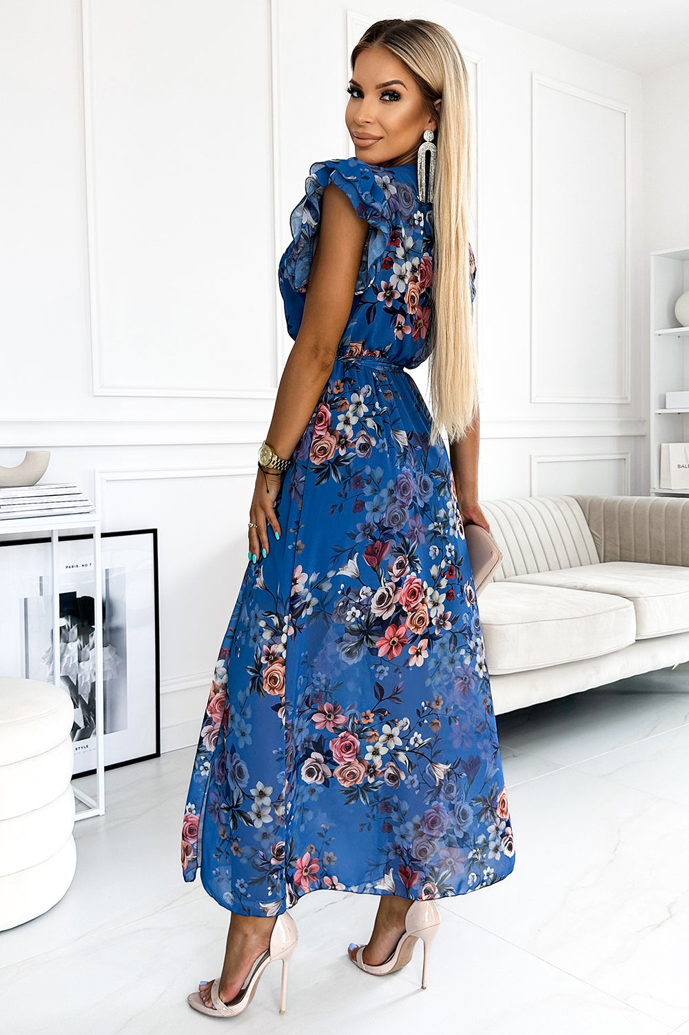 18188-3-473-1 ARIA Long dress with a neckline and short sleeves - blue with flowers-3