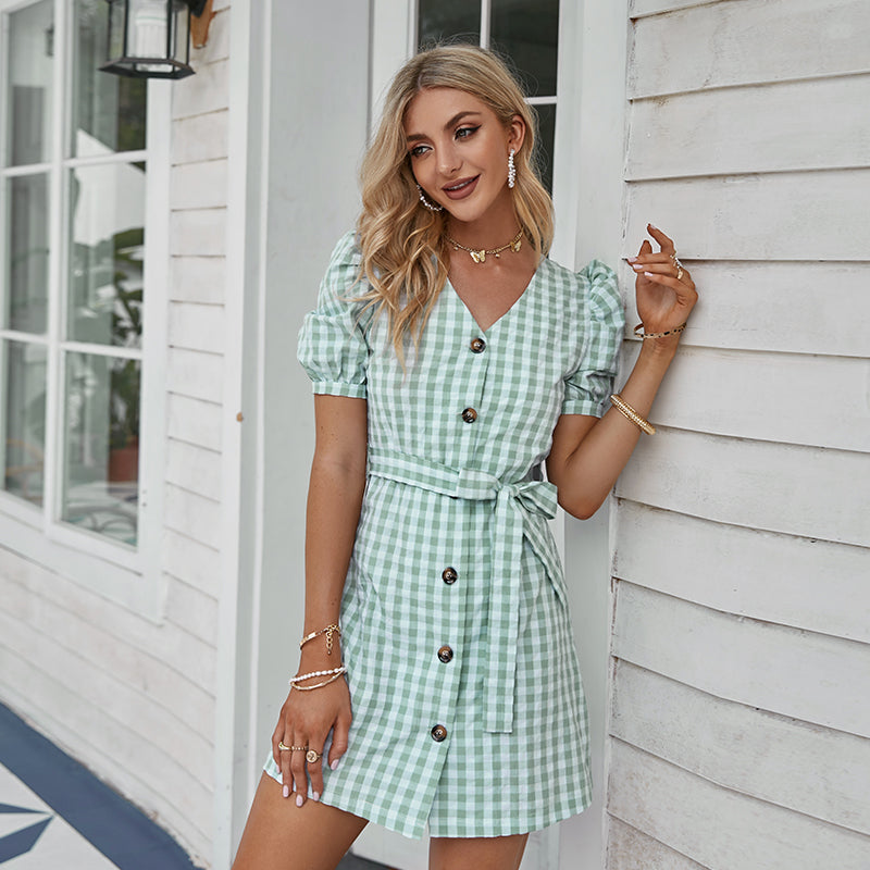 Sweet Plaid V-neck Mini Dress