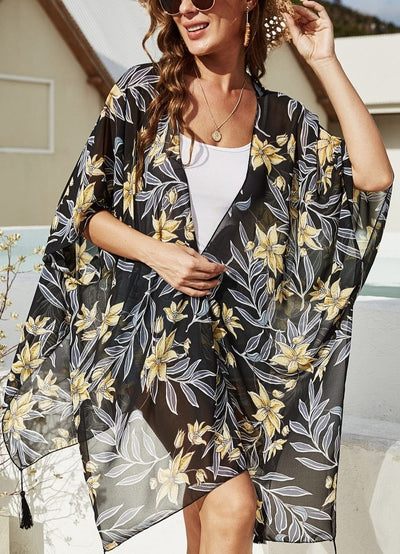 Sunshine Time Floral Print Long Sleeve Coverup